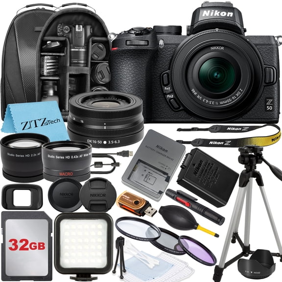 Nikon Z50 Mirrorless Camera with NIKKOR Z DX 16-50mm VR Zoom Lens, SanDisk 32GB Memory Card, Backpack, Flash, Tripod and ZeeTech Accessory Bundle (International Version)