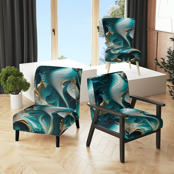 Designart "Turquoise-Tinted Geode Abstraction II" Turquoise Geoade Upholstered Accent Chair - Modern Arm Chair For Living Room