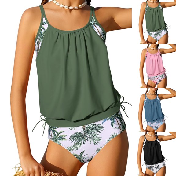 Bigetiay Girls 2 Piece Swimsuit Floral Tropical Print Double Layer Tankini Set Bathing Suit Girls 11-12 Years