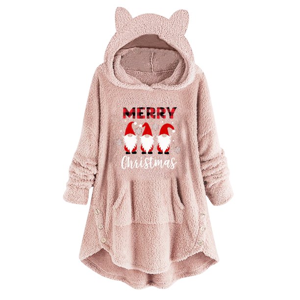 Trajes Navideños Para Mujer Abrigo de Felpa de Invierno Impresión Informal Orejas de Gato Top de Manga Larga Con Capucha Odeerbi ODB203386