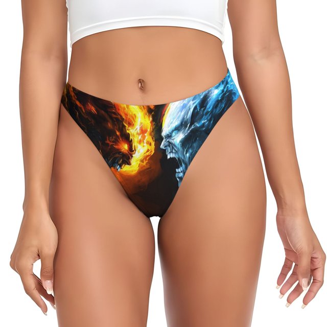 Balery Red And Blue Fire Skull Warrior Tangas de Algodón para Mujer con Estampado – Ropa Interior Sexy, Transpirable, G-string-Large