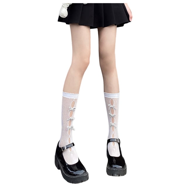 HBFAGFB Bas pour Femmes Mode Chaussettes Mi-Mollet Résille Fines avec Nœud Blanc Taille Unique