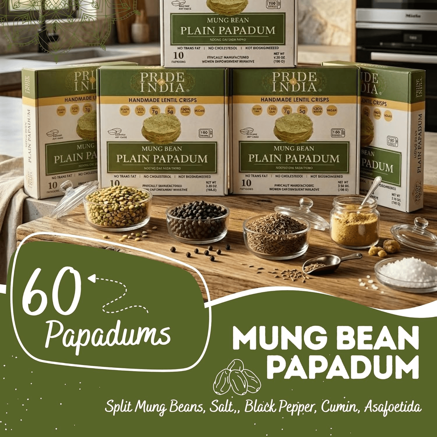 Pride of India - Pack of 6 - Mung Bean Papadum, Plant-Based Protein Crisps, 10 Count, 3.53 oz, Vegan, Gluten-Free