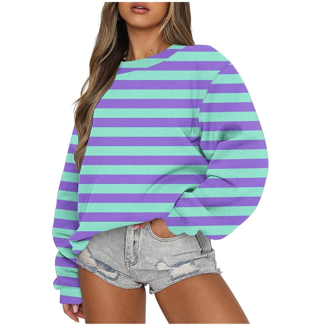TIMIFIS Womens Oversized Sweatshirts Casual Striped Printed Crew Neck Pullover Sweaters Fleece Long Sleeve Sweatshirts