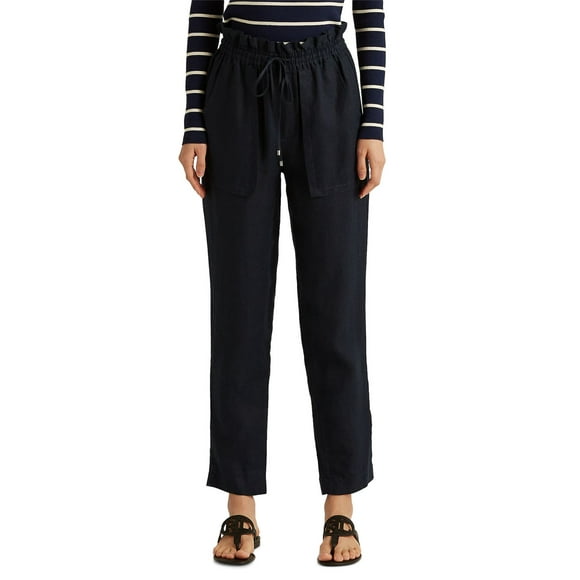 Lauren Ralph Lauren Petite Lightweight Linen Pants Polo, Black, 10