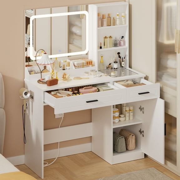 Hommpa Vanity Desk, Makeup Vanity with LED Lighted Mirror, Vanity with Glass Top Drawers, Vanity Table with Charging Station for Girls Bedroom Large Storage Cabinet Shelves, White