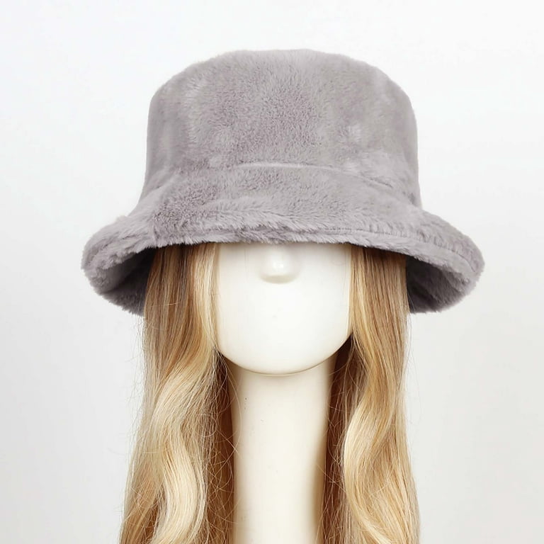 (Free Size, Solid/Leopard Hat Fits Warm Fur Winter Cap for Women Gray) Fluffy Faux 56-58cm Bucket Fisherman Accessories Men Head