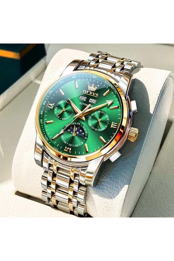 Automatic Watches for Mens Self Winding Mechanical Multifunction Chronograph Luxury Business Dress Moon Phase Stainless Steel Waterproof Luminous Calendar Mens Wrist Watches Reloj Para Hombre