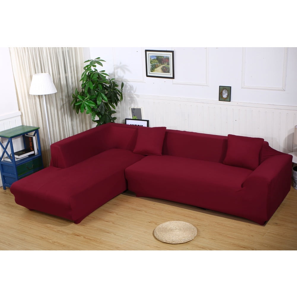 Sofa Covers for L Shape, 2pcs Polyester Fabric Stretch Slipcovers + 2pcs Pillow Covers for ...