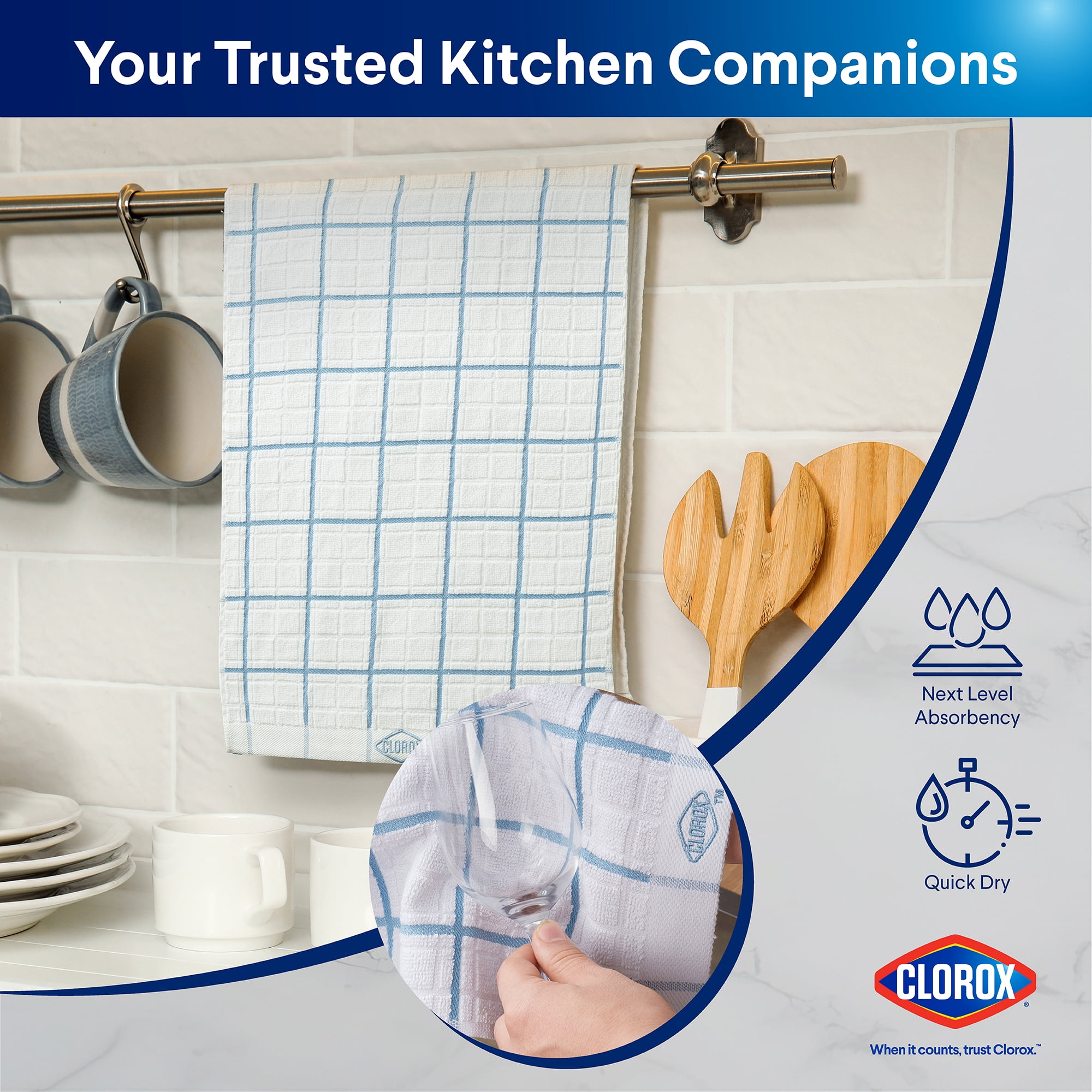 (2 pack) Clorox Cotton Kitchen Towel 1 Pack, for Cooking, Drying Dishes, Cleaning - (16" x 26") Blue