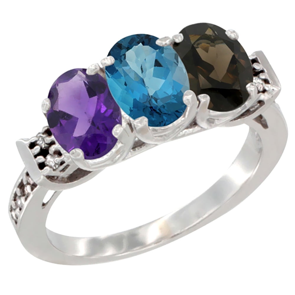 10K White Gold Natural Amethyst, London Blue Topaz & Smoky Topaz Ring 3-Stone Oval 7x5 mm Diamond Accent, sizes 5 10 by WorldJewels
