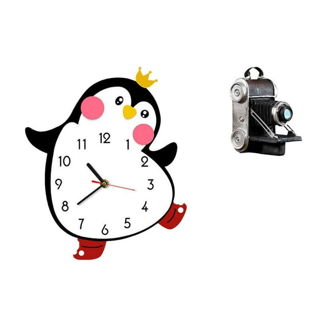 Reloj de pared de madera con forma de pingüino de dibujos animados, estatua de cámara, adorno de resina, decorativo, encantador, alimentado por baterí