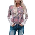 thumbnail image 1 of Jersey de manga larga con cuello en V, estampado elegante, cómodo, informal, suelto, para mujer, sudadera, color caqui S, 1 of 4