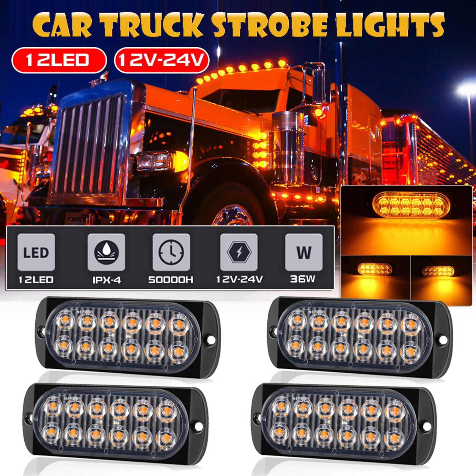14 Pack 12 LED Strobe Lights for Trucks Surface Mount Emergency Lamps for  Vehicles Amber and White 12-24V Grille Head Safety Flashing Warning Lights