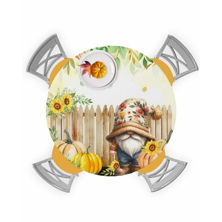 

Round Tablecloth with Elastic Fall Gnome Thanksgiving Sunflowers Pumpkin Rustic Leaves Waterproof Stain-proof Table Cover Wipeable Fitted Table Cloths for 45 -54 Round Tables Dining Kitchen