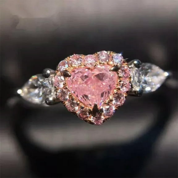 Pink Love Heart White Pear Cut CZ Wedding Ring Women's 925 Silver Ring Size 5-10