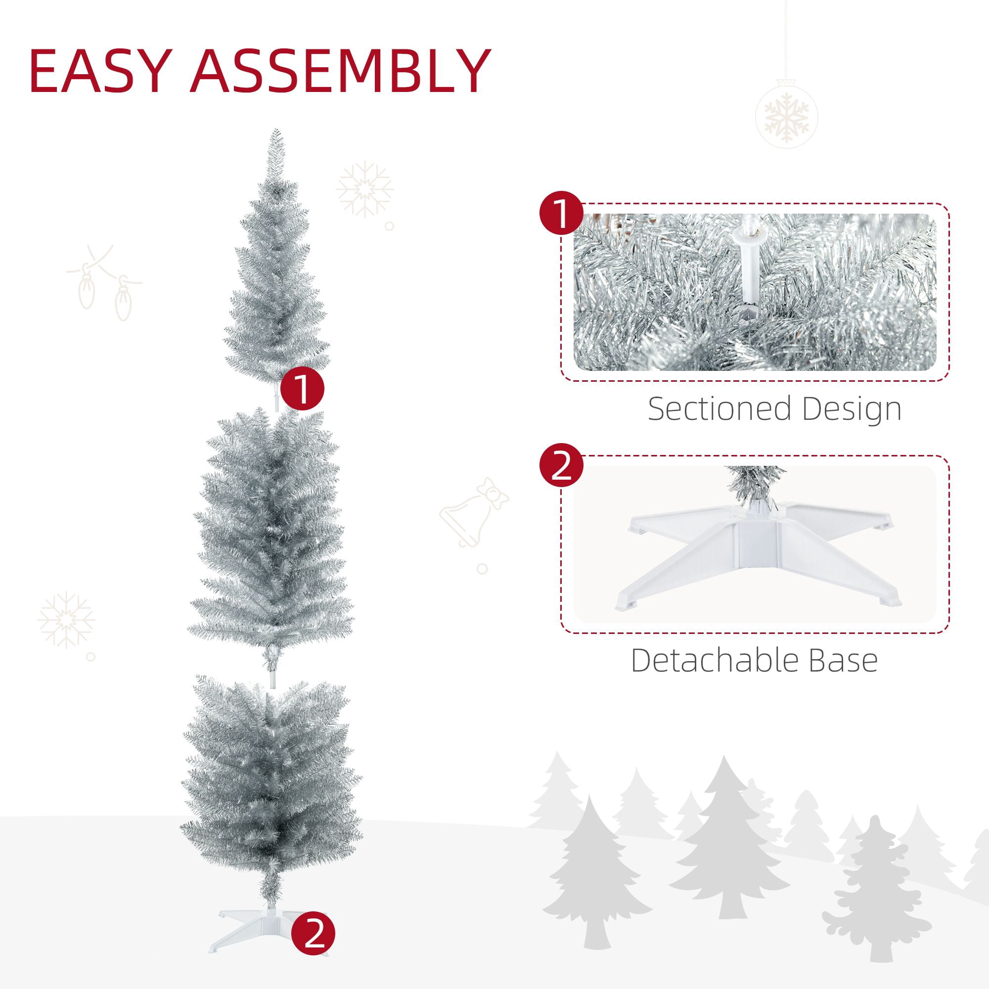 7 ft Pencil Christmas Tree with 499 Branch Tips and Plastic Stand, Slim Unlit Artificial Holiday Tree for Small Rooms and Apartments