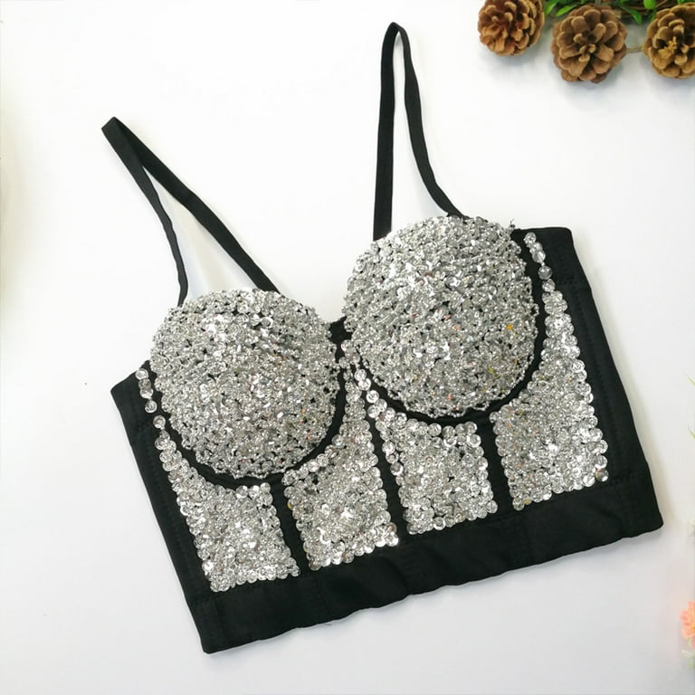 HGYCPP Women Glitter Sequins Beaded Bustier Bra Rave