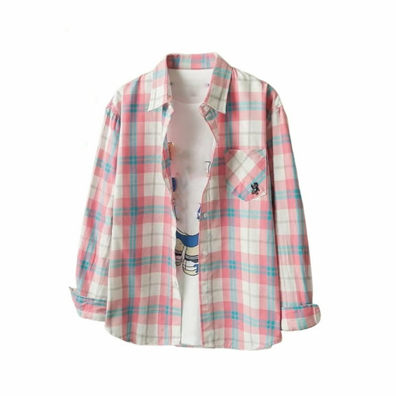 APEXFWDT Women's Classic Plaid Shirt Cotton Button-Down Lightweight Shirt Jacket Long Sleeve Pocket Shirt for Daily Wear,L,Pink