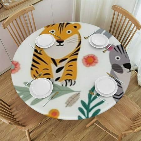 Round Fitted Tablecloth with Elastic Edge Forest Animal Lion Tiger Zebra Sloth Round Tablecloth Spill Proof Table Cover