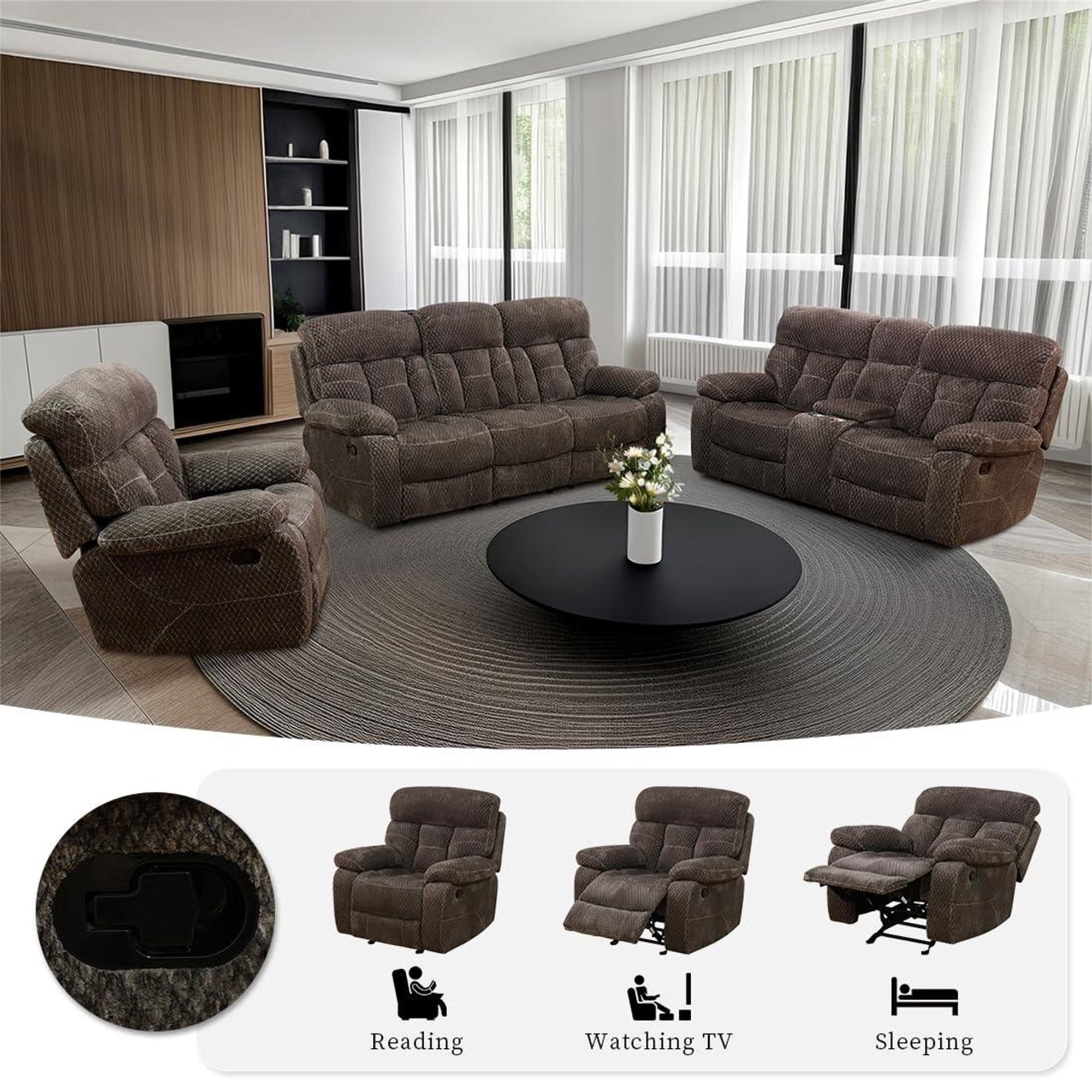 Aukfa 3-Piece Recliner Sofa Set, Oversized Armchair+Loveseat +3 Seat Sofa, 2 Cup Holders&Storage Console, Microfiber, Brown