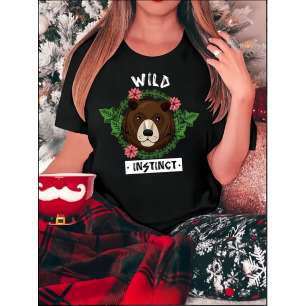 Camiseta De Manga Corta Para Mujer, Camisetas De Verano Para Pescar, Acampar, Uso DiarioCreative English Bear Pattern Printed Women'S Fashionable Round Neck Short Sleeve, Simple Casual Sports T-Shir