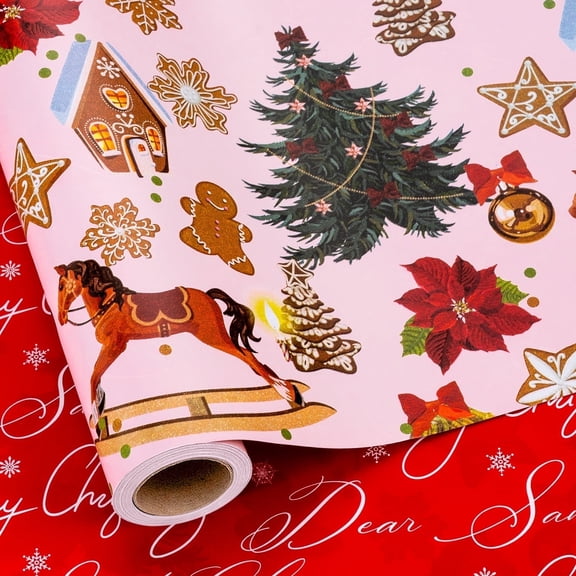 HOMERAL Christmas Wrapping Paper Roll - Pink Gift Wrap with Christmas Tree, Trojan Horse, Gingerbread, Bell, Dahlia - Perfect for Christmas - 17 Inch X 33 Feet