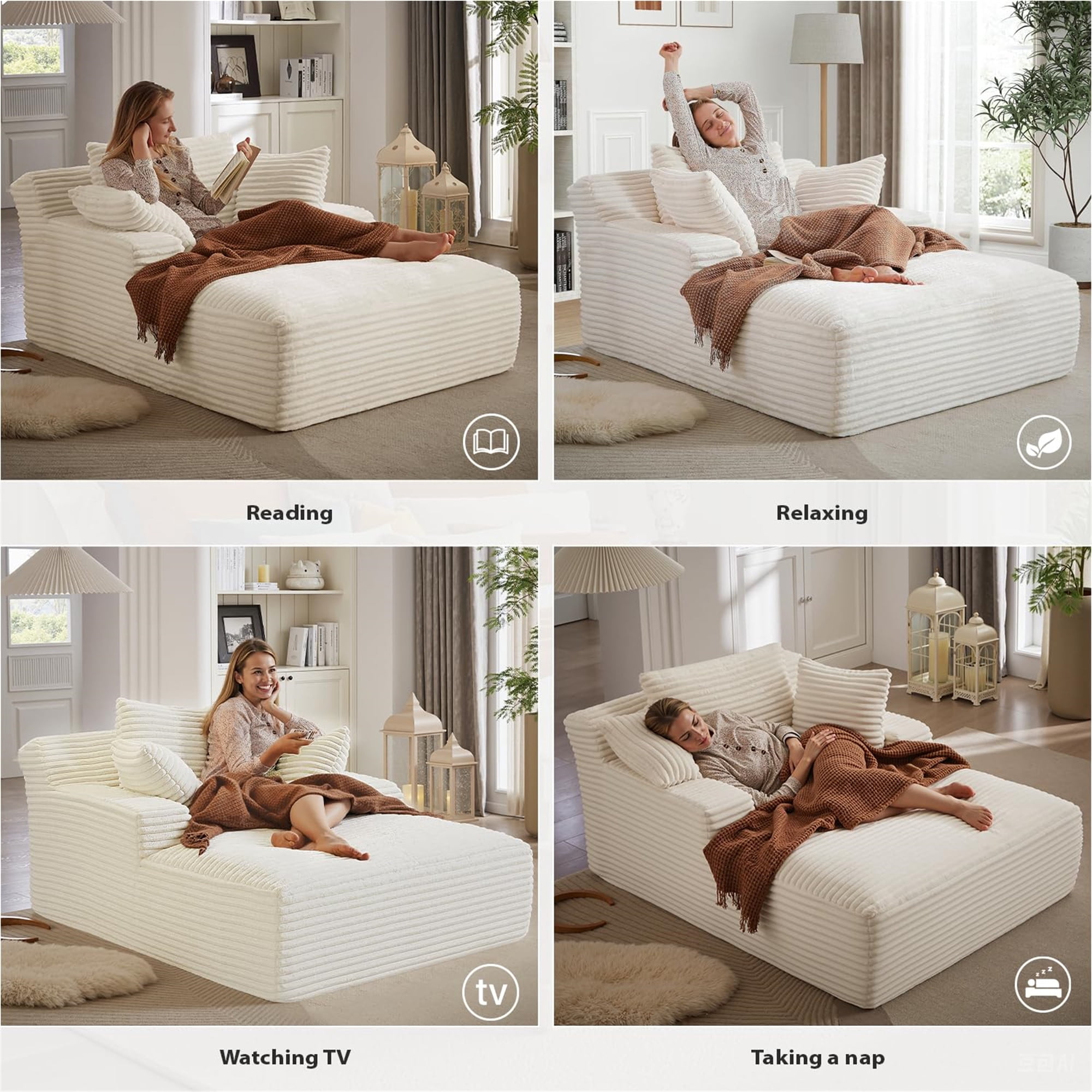 Aukfa 66" Oversized Chaise Lounge Indoor Chair Boneless Couch for Living Room Bedroom, 3Pillows, White