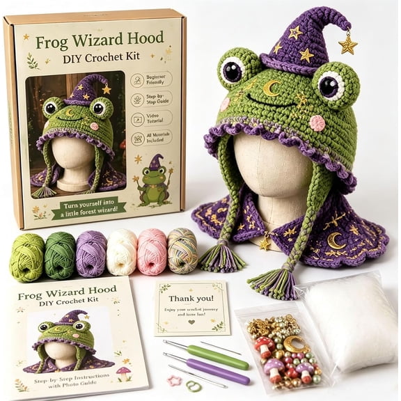 Hat DIY Crochet Kit Beginner Friendly All-in-One Pack with Plush Yarn Accessories Wearable Animal Costume Headwear Craft Set for Adults Novelty Craft Gift,Frog