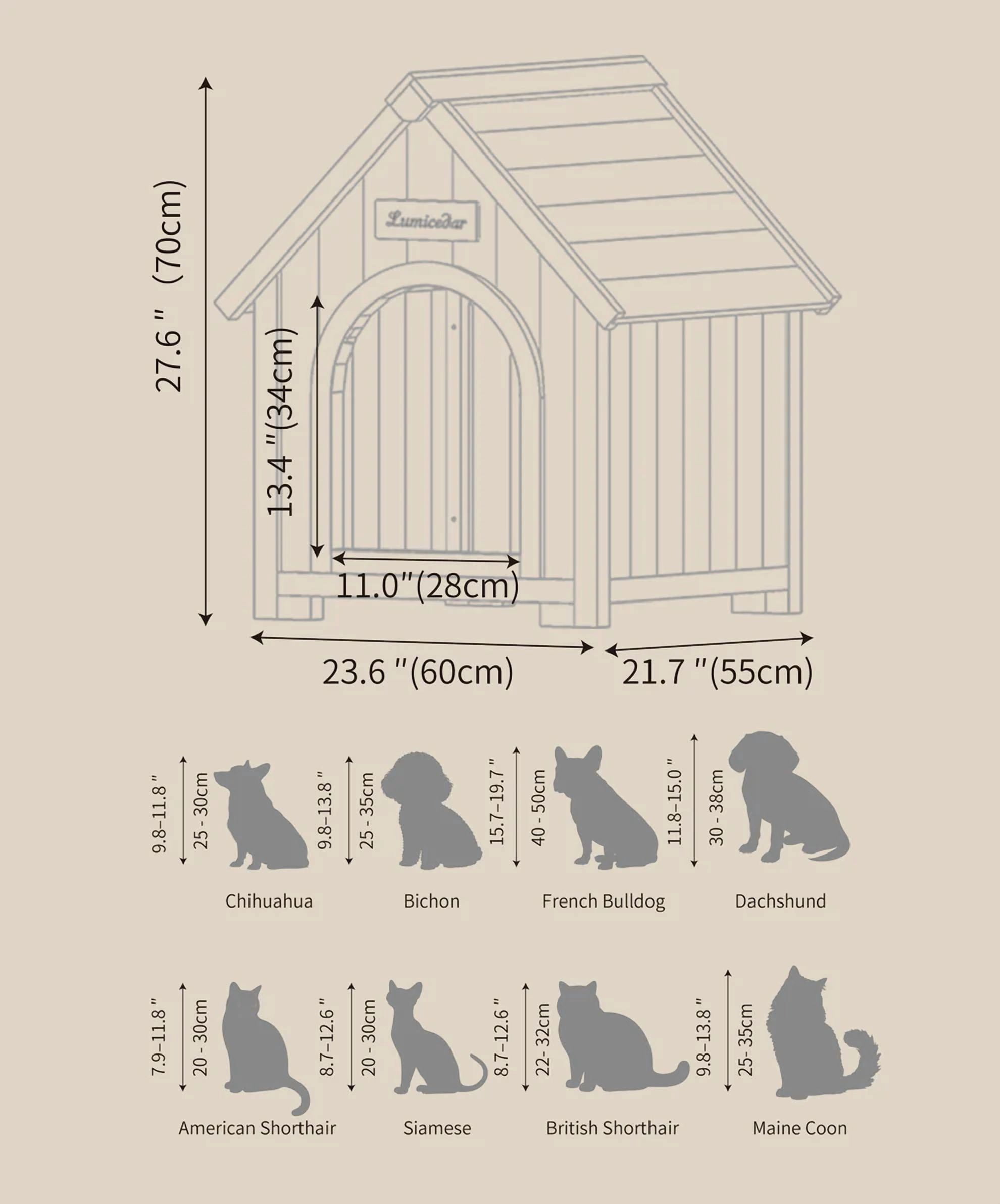 27.6'' FSC Certified Solid Cedar Wood Pet House - for Small Dogs & Cats,Arched Door & Soft Dog Bed,A-Frame Wooden Dog HouseWooden Dog Condo with Elevated Roof,Creamy White+Light Yellow