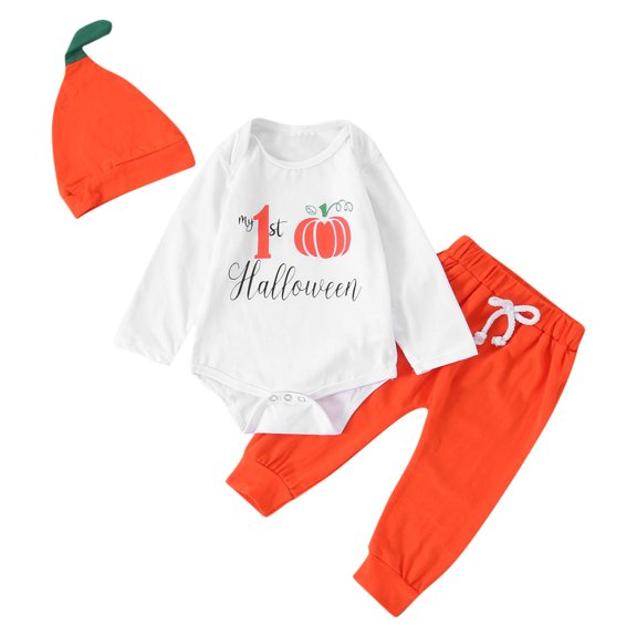 BOOMNY Halloween Girls 3 Peice Outfit Sets Hallowmas Pumpkin Graphic Long Sleeve Bodysuit Pants With Hat Sets for Kids Playful Clothing Set