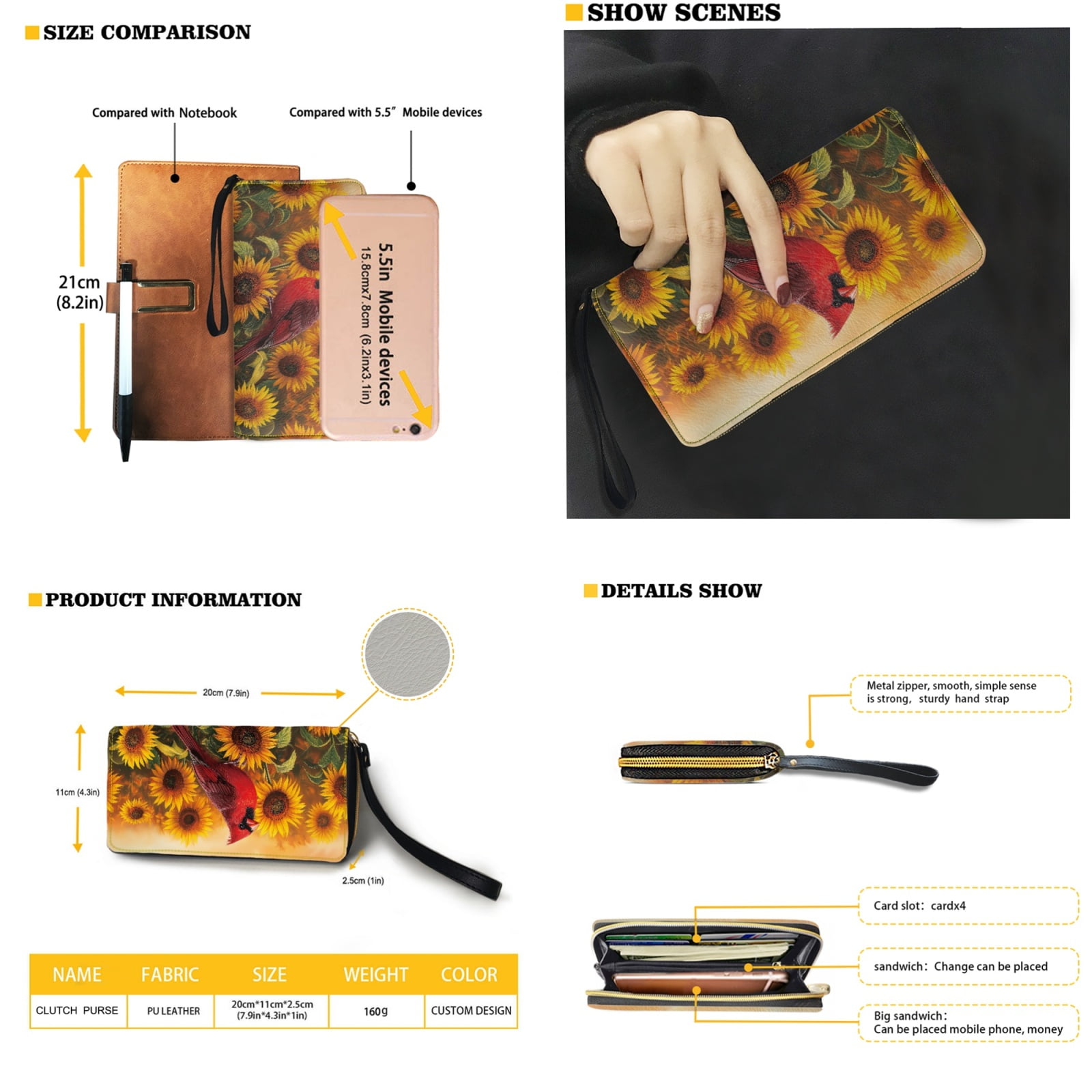 ZUXONGSY Cardinal Sunflower Print Purse and Wallet Set of 2 for Women Portable Satchel Handbags Large Capacity Shoulder Bag Work Bag Money Organizers for Outings Shopping