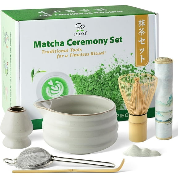Soeos Premium Matcha Traditional Starter Set, 7-Piece Matcha Kit with Bamboo Whisk (Chasen), Scoop (Chashaku), Stainless Steel Sifter, Whisk Stand, Matcha Bowl, Scoop Rest, and Tea Towel