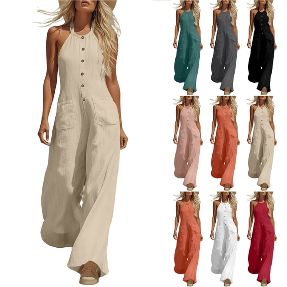 Bloomae Women's Linen Halter Neck Jumpsuit High Waist Wide Leg Rompers with Front Button Decor Lightweight Casual Summer Sleeveless One Piece Overall Pants with Pockets