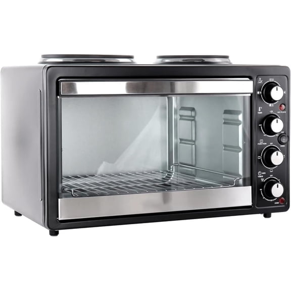 XL Toaster Oven with Broiler and Dual Burners – Compact Countertop Cooker with Independent Oven & Solid Element Burners, Ideal for Small Spaces and Travel