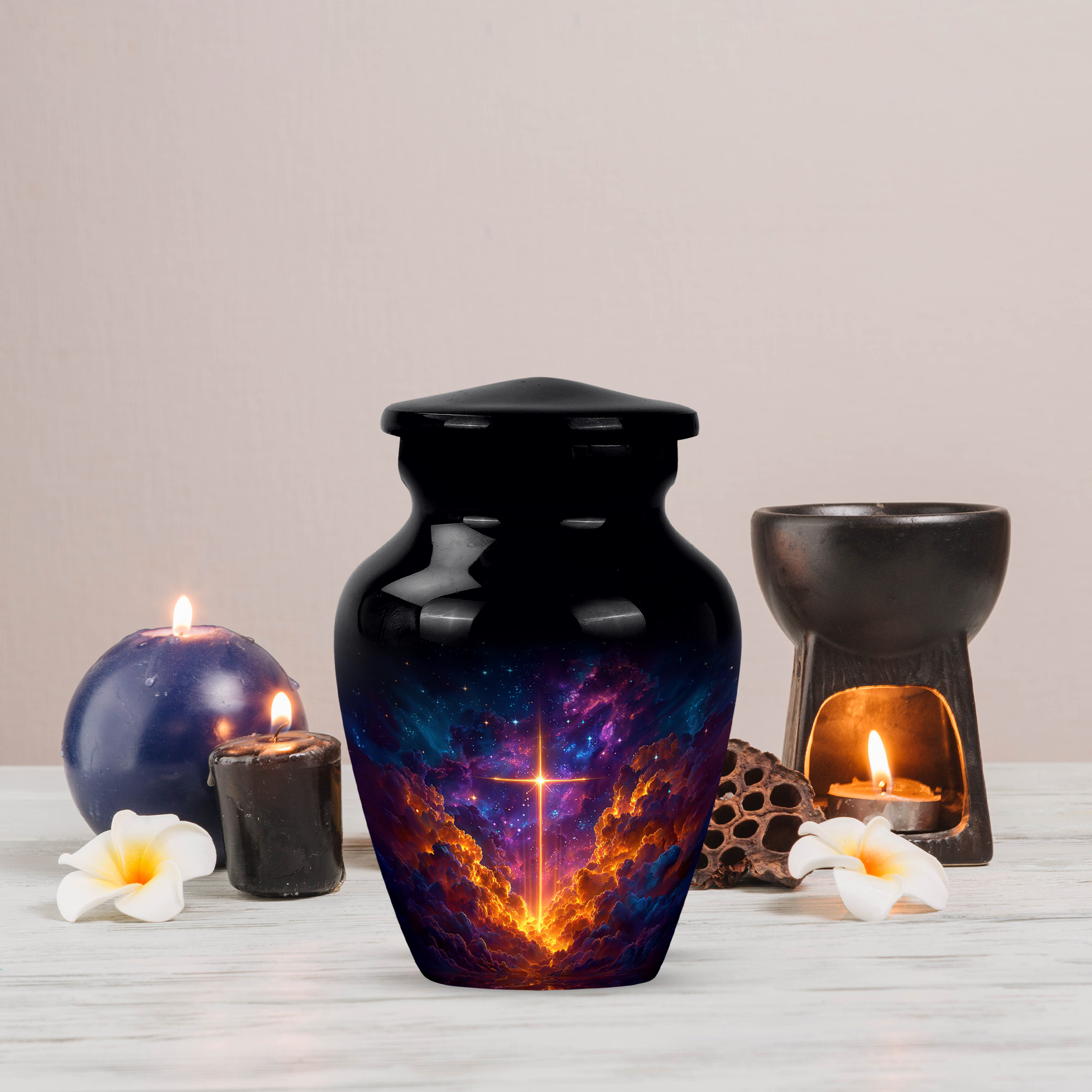 MUKTIVE Cross Tiny Burial Urns for Human Ashes Adult Man, Mini Black Cremation Urns for Adult Ashes Women, Tiny Purple Galaxy Memorial Urn for Mom, Decorative Funeral Urn for Dad, 3 Inch