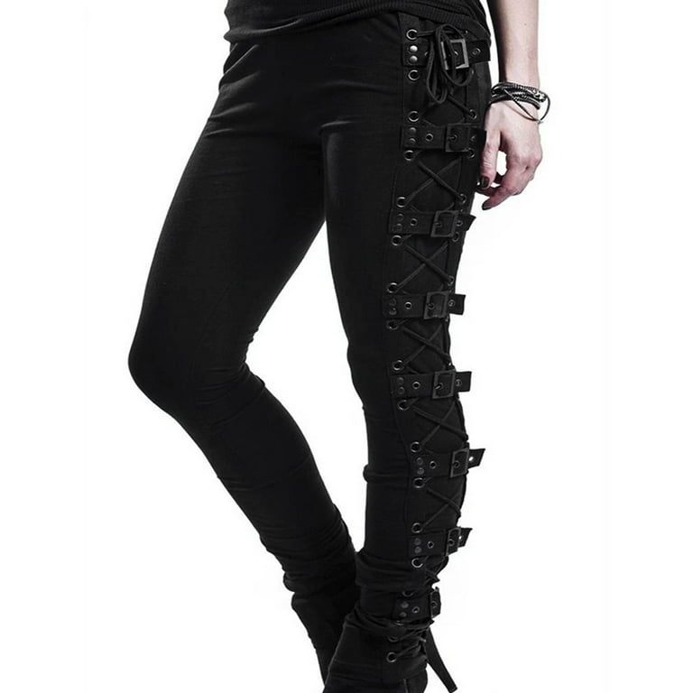 Black Gothic Pants for Women with Chains Cargo Pants Pants Buckle Strap  Goth Steampunk Skinny Leggings Cargo Jogger