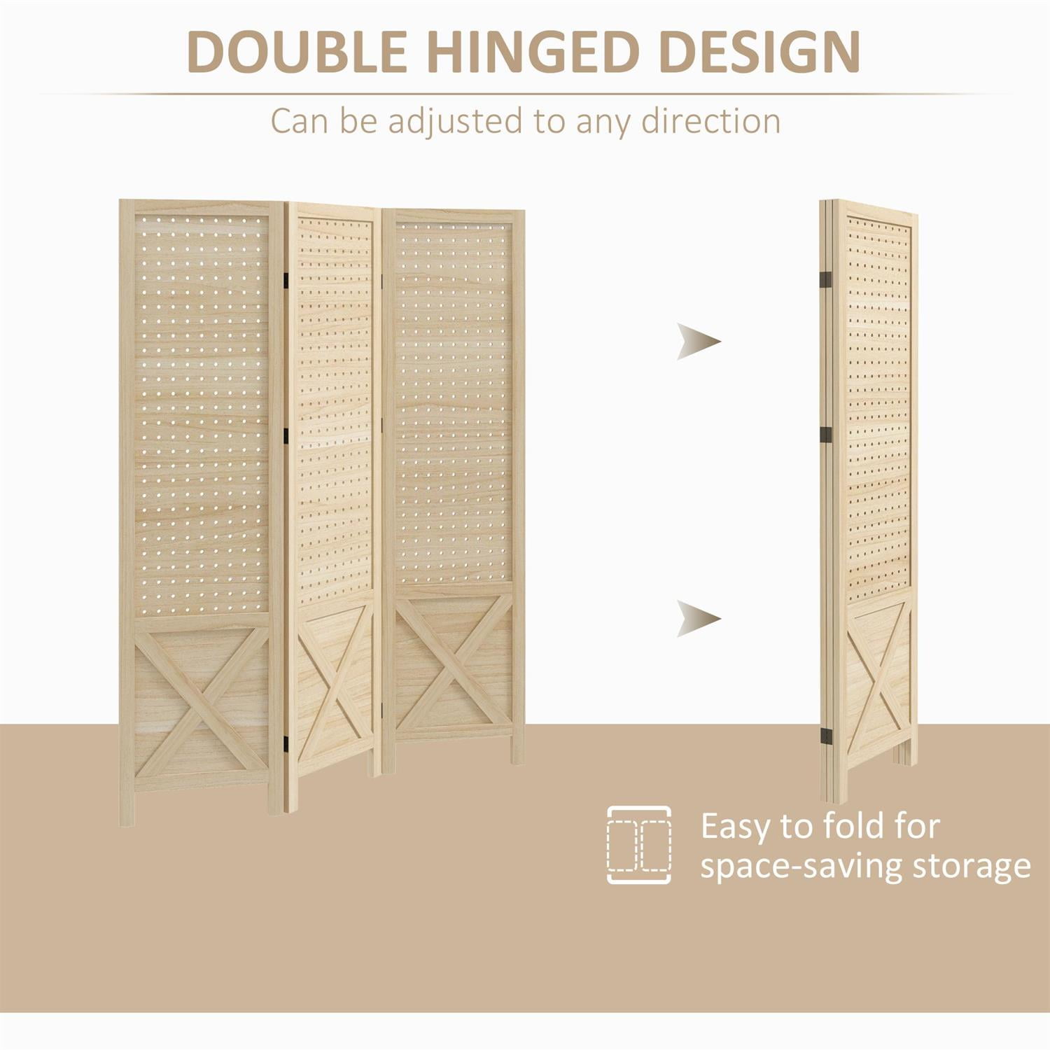 Demi Bonn 4.7ft Wood Room Divider with Pegboard Display, 3 Panel Folding Privacy Screen for Home Office Space, Natural Wood Look and Feel, Beige