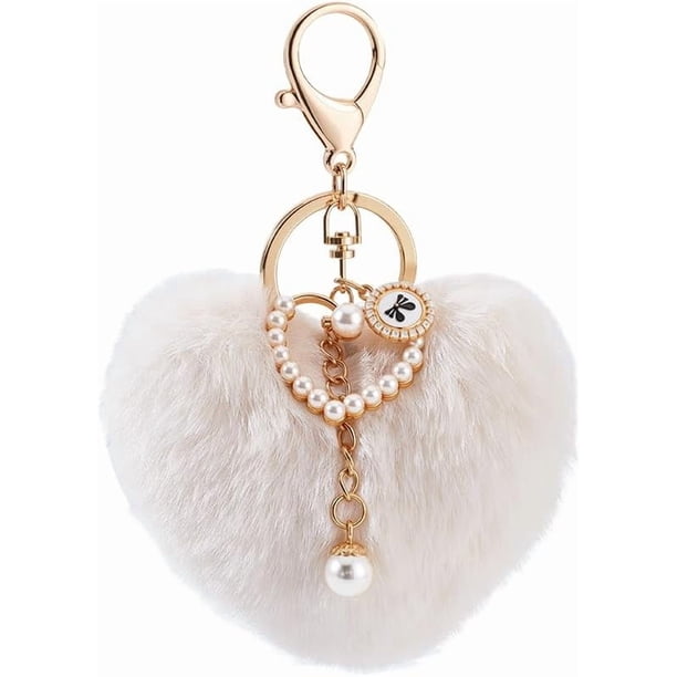 Llavero de corazón con forma de bola afelpada y perla de imitación, ideal para decorar bolsas de regalo.