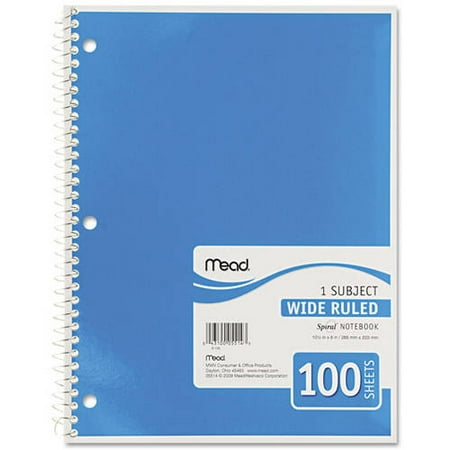 Mead Spiral Bound Wide Rule Notebook, 1 Subject, 100 sheets, 4 pack, Colors May Vary