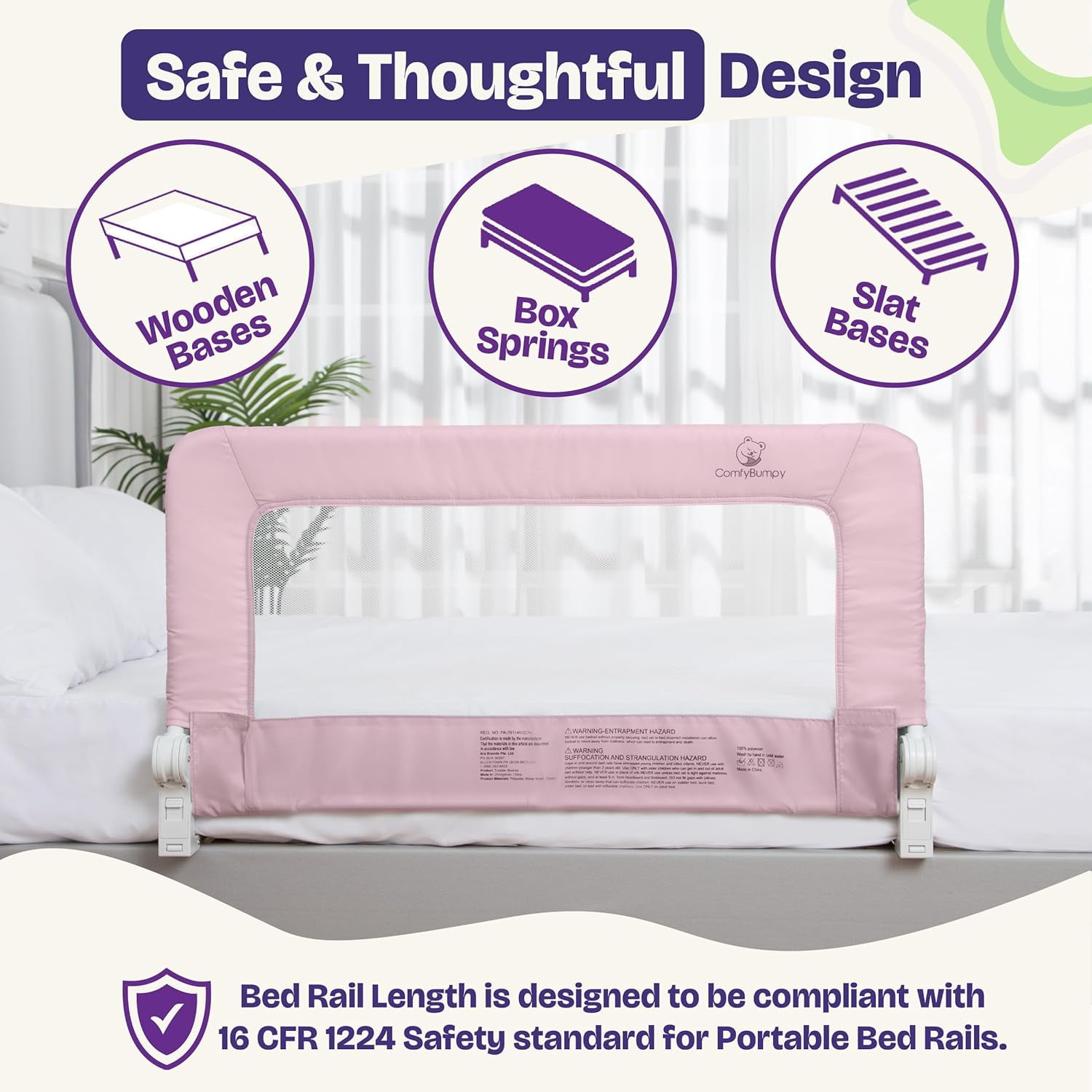 ComfyBumpy Toddler Bed Rail Guard, 35.5" x 19.5" Regular Swing Down Rail for Kids Beds, Pink, 1 pack