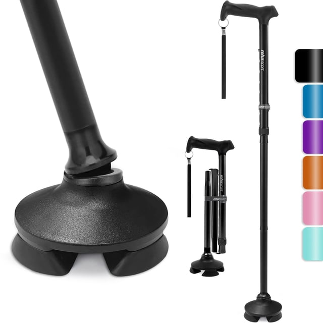 Bastón para hombre y mujer: plegable, ajustable, ligero, para personas mayores, con equilibrio, de pie, punta pivotante, mango suave, con bolsa de viaje (negro)