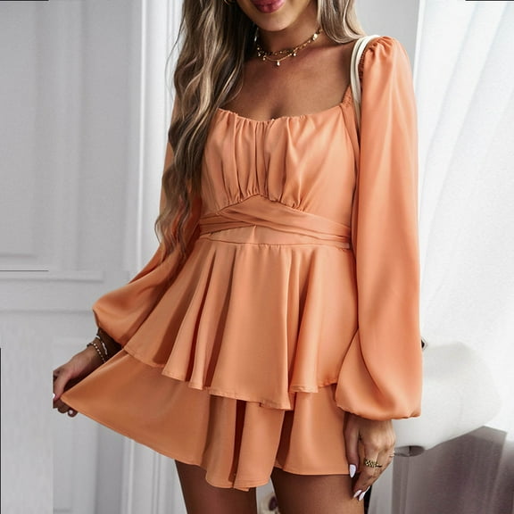 Usmixi Jumpsuits for Women Dressy Fashion Empire Waist Pleated Ruffle Layer Hem Mini Jumpsuits Overalls Summer Square Neck Long Sleeve Solid Short Formal Rompers Orange m