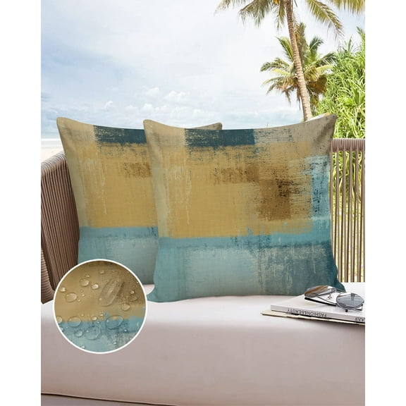 Outdoor Throw Pillow Cover Vintage Blue Yellow Painting Patchwork Waterproof Cushion Covers 2 Pack Abstract Geometric Graffiti Pillow Cases Home Decoration for Patio Garden Couch Sofa