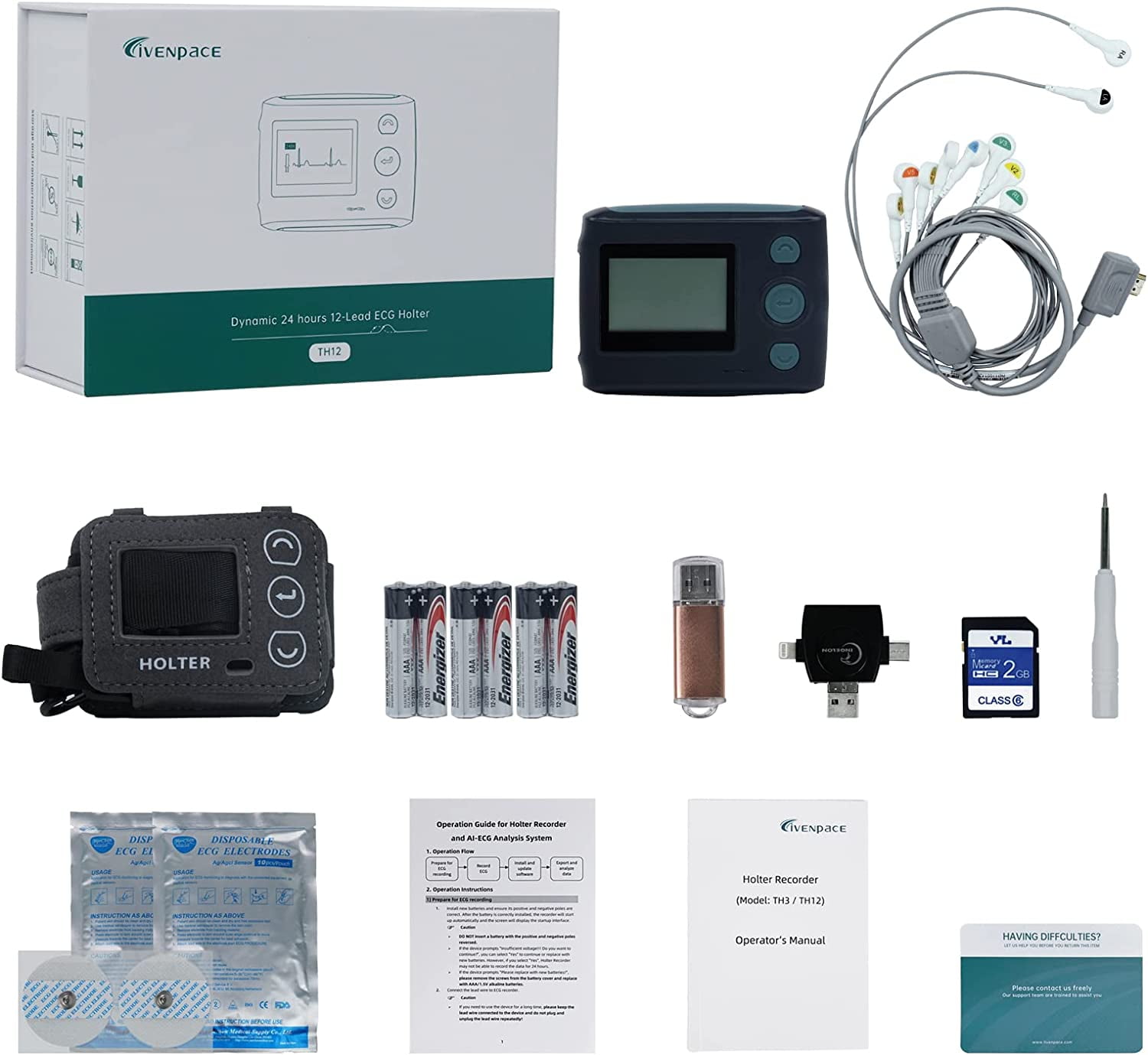 8 Channel 12-Lead EKG Machine with AI-Generated Report,24-Hour Holter Heart  Monitor for Continuous ECG Tracking,CE Certificated,TH12