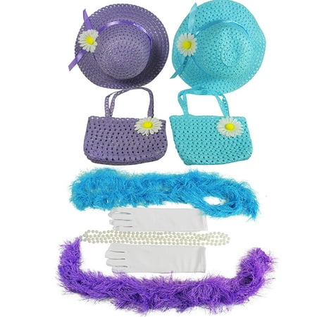 Girls Tea Party Dress Up Set Hats Purses Boas Gloves Necklaces - Purple & Blue