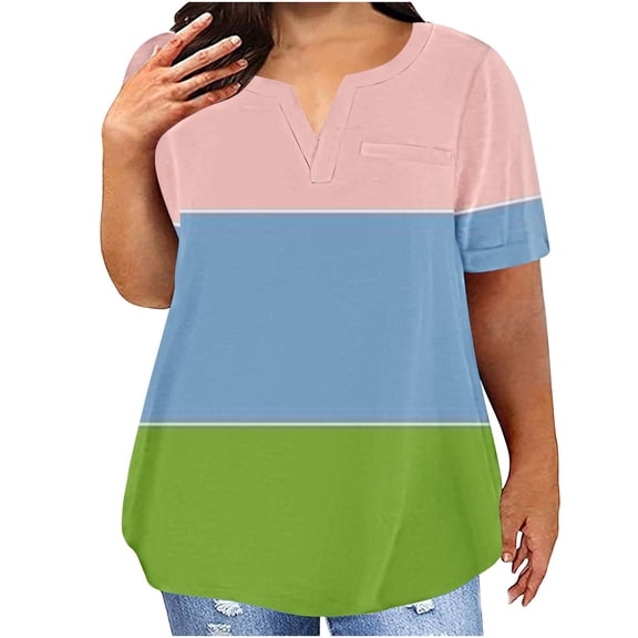 ylioge L-5X Womens Plus Size Tops Short Sleeve V Neck T Shirts Ladies Casual Color Block Loose Pullover Breathable Going-Out Loungewear Tees Top