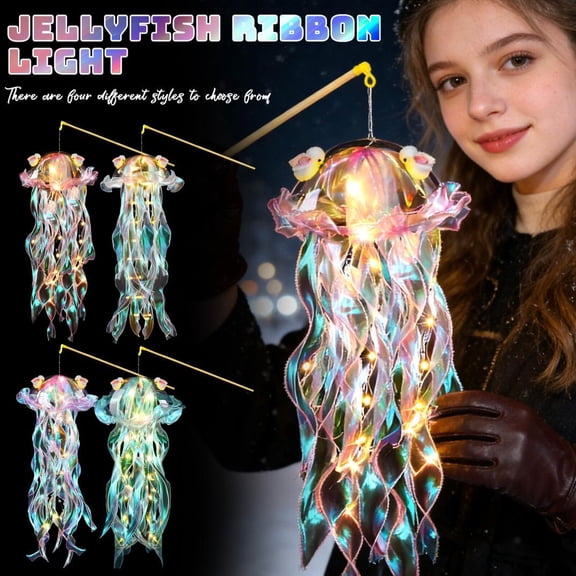 20Inch Diy Jellyfish & Rabbit Ribbon Lantern Making Kit, Dreamy Purple Handcraft Lantern Set With Pre-Made Lantern Body, Stick & String For Creative Handwork, Holiday Decor,