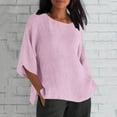 thumbnail image 4 of Womens Tops under $5 Cotton Linen Round Neck Shirt Solid Casual T-shirt Pink S, 4 of 6