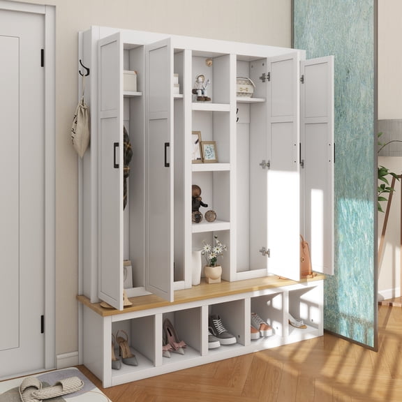 62.9"W Farmhouse 4-in-1 Hall Tree with 6 Hanging Hooks, Mudroom Wood Grain Bench with Open Compartments, Entryway Shoe Cabinet with Seating Bench for Living Room, Hallway, White